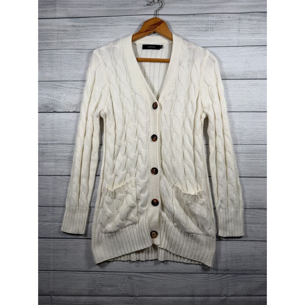 ZESICA Women's Medium Cream Cable Knit Button Front Long Cardigan Sweater 4305